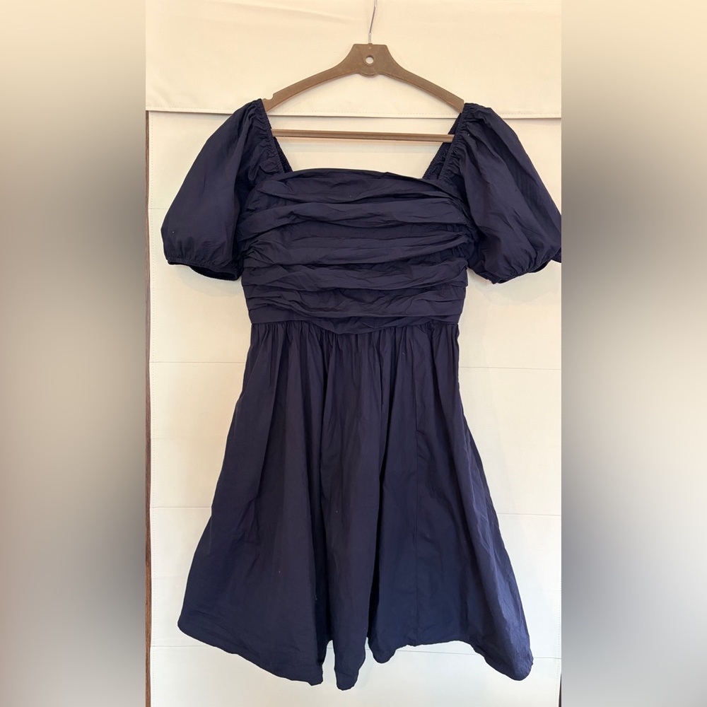 Quince Navy Puff Sleeve Mini Dress